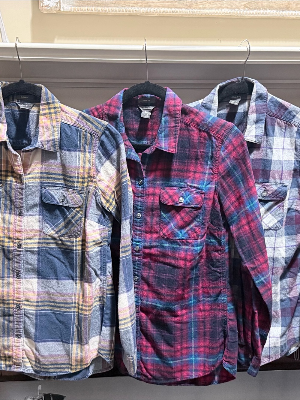 Eddie Bauer Women's Red and Blue Plaid Long-Sleeve Shirt